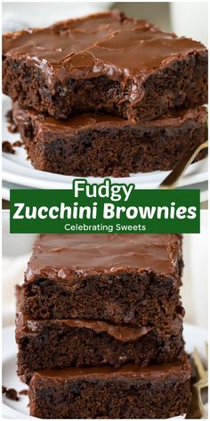 chocolate fudgy zucchini brownies are stacked on top of each other