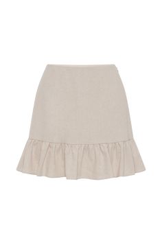 Summer necessity The DELFINA Linen Mini Skirt With Ruffle is a stylish and versatile piece that will elevate your summer wardrobe. With its high-waisted design, it effortlessly accentuates your waistline and creates a flattering silhouette. The elastic waist ensures a comfortable and secure fit, making it perfect for all-day wear. The A-line shape adds a touch of femininity and elegance, while the hem frill adds a playful and flirty detail. Designed to be unlined, this skirt is lightweight and breathable, making it ideal for warmer weather. Whether dressed up or down, the Delfina Linen Mini Skirt With Ruffle is a must-have for any fashion-forward individual looking to add a chic and trendy piece to their collection. Pair with the matching Delfina Linen Halter Top to complete the look. Beige Ruffled Relaxed Bottoms, Feminine Beige Mini Skirt For Summer, Feminine Beige Skirt For Brunch, Flowy Beige Skirt With Ruffle Hem, Elegant Spring Mini Skirt With Ruffle Hem, Chic Beige Mini Skirt For Brunch, Chic Beige Skirt With Ruffle Hem, Spring Ruffled Mini Skirt For Work, Spring Workwear Ruffled Mini Skirt