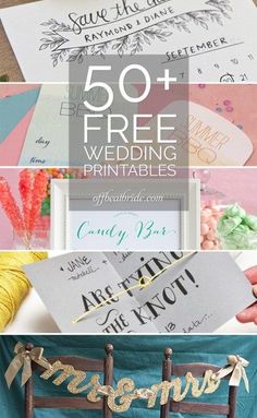 a collage of photos with the words 50 + free wedding printables on them