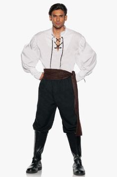 a man dressed in pirate costume standing with his hands on his hips