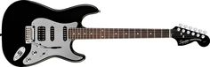 an electric guitar that is black and white