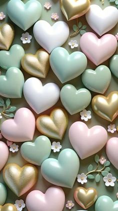 pastel hearts with gold, pink and green accents