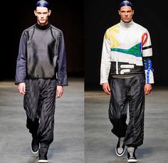 James Long 2014-2015 Fall Autumn Winter Mens Runway Looks Fashion - London Collections - Denim Jeans Treatment Mesh Pattern Panels Puffy Down Waffle Quilted Bomber Varsity Jacket Outerwear Coat Oversized Color Block Sportswear Geometric Print Patchwork Jogging Sweatpants Jean Quilt