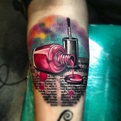 a tattoo on the arm of a woman with a bottle of liquid and a toothbrush