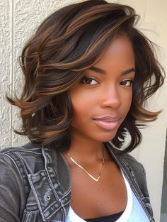 Medium Length Haircut On Black Women, Medium Haircuts For Black Women, Long Layered Bob With Curtain Bangs, Curly Bob For Black Women, Short Curly Hair With Highlights, Growing Out Hairstyles, Long Bob Black Women, Bob Haircut Black Women, Layered Bobs For Fine Hair