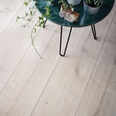 a table topped with potted plants on top of a wooden floor next to a planter