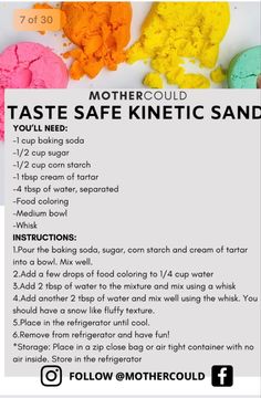 the instructions for how to make homemade rainbow colored doughnuts with text overlay that says, mother could taste safe kinetic sand