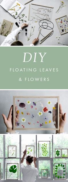 a woman is working on flowers in front of a window with the words diy floating leaves and flowers