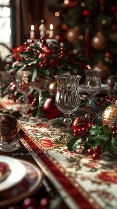 a christmas table setting with candles and ornaments