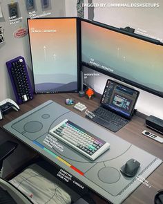 a computer desk with two monitors and a keyboard