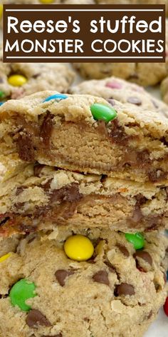 reese's stuffed monster cookies stacked on top of each other