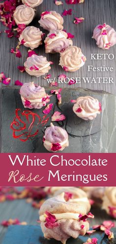 white chocolate rose meringues with pink flowers on top and in the background, there is