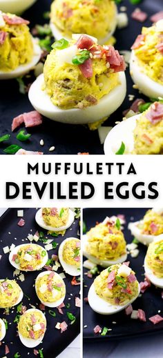 deviled eggs with ham and cheese on top