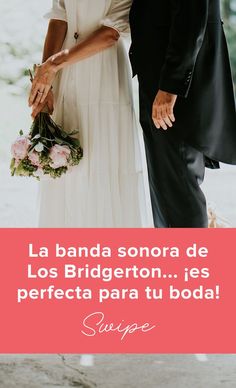 a man and woman standing next to each other in front of a pink sign that says, la banda sonora de los bridgerton yes perfect para tu boda