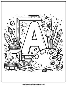 the letter a is surrounded by art supplies