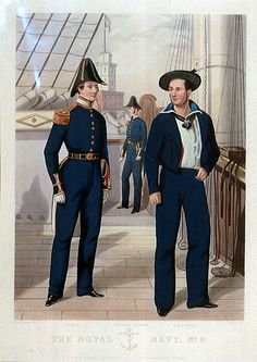 two men dressed in blue standing next to each other on a ship, one wearing a black hat