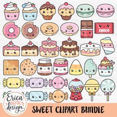 the sweet clipart bundle includes different kinds of donuts, cakes and desserts