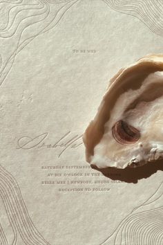 an open oyster shell sitting on top of a piece of paper with writing underneath it