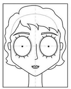 a drawing of a woman's face with large eyes and short hair is shown