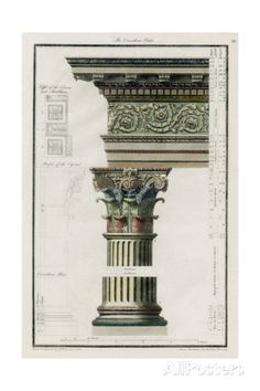 an architectural drawing of a column with decorative designs on the top and bottom, in various colors