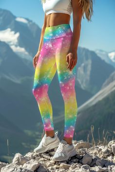 These eye-catching Bright Story leggings were designed to give you a super feeling. Its colorful, rainbow-like print with a touch of shimmer imitation takes you to a wonderland and creates a stunning look. Made from high-quality, four-way stretchy, lightweight fabric, these yoga pants keep you cool and dry as you flow through your practice. These high-waisted leggings maximize comfort and provide a second-skin fit. A perfect choice for running, training and stretching. Silky soft. Second skin fe Sustainable Fabric, Yoga Pants Women, Leggings For Women, Rainbow Print, Print Leggings, Colorful Rainbow, Dyeing Process, Running Training, Wide Waistband