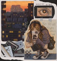 a painting of a woman taking a selfie with her cell phone and headphones