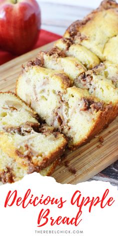 slices of delicious apple bread on a wooden cutting board with an apple in the background