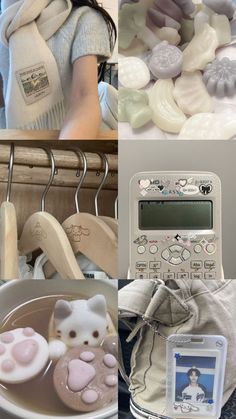 a collage of pictures with different items including buttons, clothes pins, and a calculator