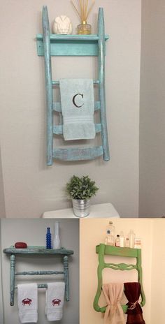 a bathroom with a towel rack on the wall and a potted plant next to it