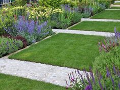 a garden with lots of different types of flowers and plants in it, including grass