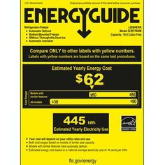 an energy guide is shown on the back of a yellow sign with black lettering and numbers