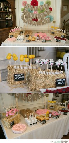 the dessert table is set up for an outdoor birthday party with hay and cupcakes