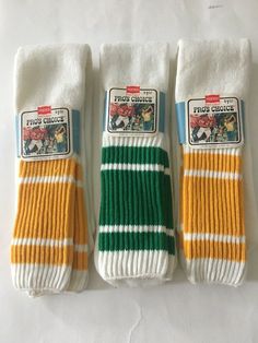 Vintage, deadstock, men’s, 1970s-1980s, NOS NWT, Hanes brand, Red Label, white Orlon-Acrylic-Nylon blend, striped Gym Tube Socks Lot of 3 Pair, made in USA. Classic, retro, old-school, throwback Athletics, Active Sports Socks Bundle featuring green and gold-yellow stripes and original labels. Unworn, unused, good condition, see pics. Adult size 9-15. Please compare with an item that fits well. No returns. Sold “as is”. Write with questions. 20% restocking charge on returns. 70s Socks, Retro Socks, Tv Nook, Striped Tube Socks, Surf Logo, Mens Gym, Socks Packaging, Retro 9, Vintage Socks