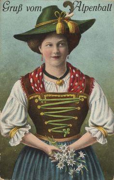 Gruß vom Alpenball II, Bayern, Deutschland, Postkarte, ca. 1900 Swiss Traditions, German Traditional Clothing, German Costume, Dress History, Traditional Attire