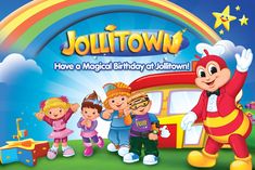 a cartoon character with children standing in front of a bus and rainbow behind him is the words jollitown have a magic birthday