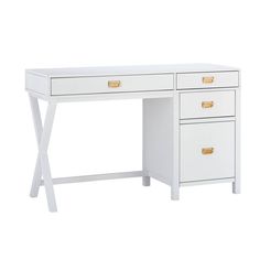 a white desk with two drawers and gold handles on the bottom drawer, against a white background