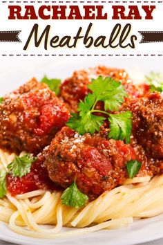 spaghetti with meatballs and parsley on top is featured in this postcard for rachel ray's meatballs