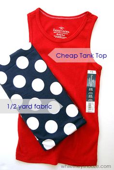 two red shirts with white polka dots on them, one has a blue sleeveless top