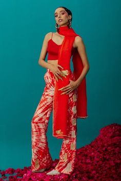 Shop for Latha Puttanna Orange Batik Silk Tiger Pattern Pant for Women Online at Aza Fashions