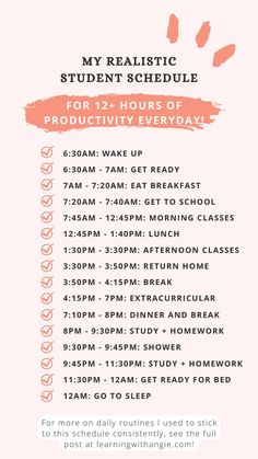 a pink poster with the words, my realistic student schedule for 12 hours of production every day