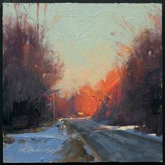 an oil painting of a snowy road at sunset