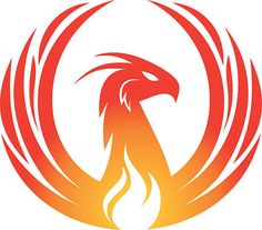 an orange and red firebird logo on a white background