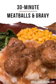 meatballs and gravy on a plate with corn