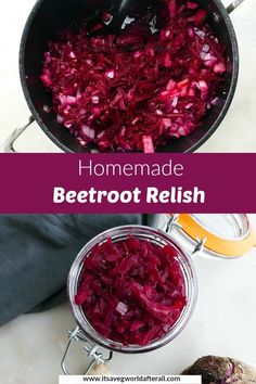 beetroot relish in a pot next to a bowl with the rest of it