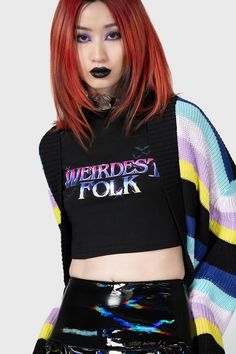 WEIRDEST FOLK.- Soft, stretch material.- Statement, custom graphic.- Text reads 'Weirdest Folk'.- Raglan style.- Cropped.- Fitted.With KILLSTAR branding, Fabric 1: 100% Cotton, Fabric 2: 82% Viscose 18% Elastane. Machine wash cold (30°C) / Do not bleach / Do not tumble dry / Iron at low temperature / Do not dry clean. Imported. Band Merch Tops With Text Print For Fall, Fitted Letter Print Alternative T-shirt, Fitted Graphic Tee For Alternative Fashion, Alternative Style Letter Print T-shirt For Fall, Alternative Style Letter Print Tops For Spring, Fitted Band Merch T-shirt For Fall, Fall Graphic Tee For Alternative Fashion, Punk Style Crew Neck Stretch T-shirt, Alternative Slogan Crew Neck Top