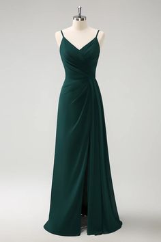 Deep green A-line thin shoulder strap and ground chiffon slit bridesma – LD Dress Emerald Green Bridesmaids Dress, Save Green Bridesmaid Dress, Hunter Green Bridesmaid Dresses, Dark Green Bridesmaid Dresses, Dark Green Bridesmaid, Green Bridesmaid Dress, Dark Green Bridesmaid Dress, Green Spaghetti, Lovely Partner