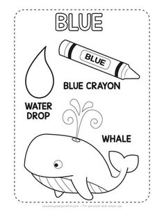 the blue crayon and water drop coloring pages are shown in black and white