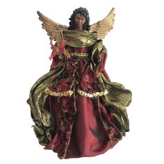 a figurine of a woman dressed in red and gold with wings on her head