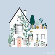 a drawing of a house with flowers and plants on the roof, next to a bicycle