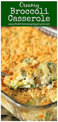 a casserole dish with broccoli and cheese in it is ready to be eaten